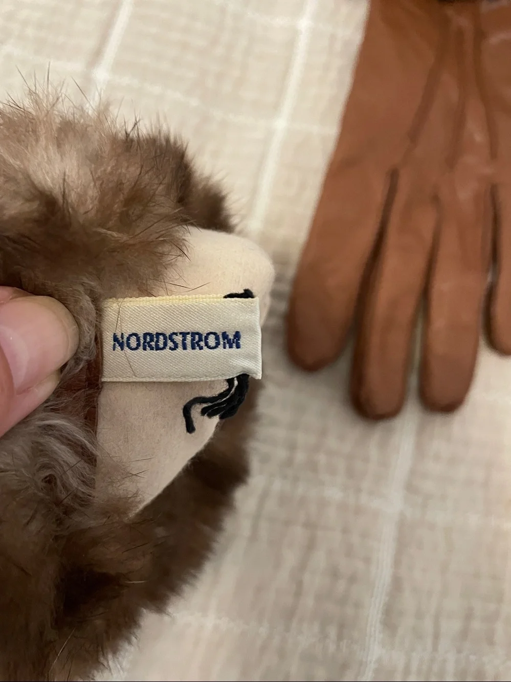 Nordstrom Brown Leather Gloves Rabbit Fur Trim Size 8.5
